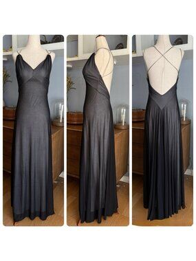 Vtg 90s Cache Black Mesh Overly Maxi Dress Gown Silver Metal Straps Prom